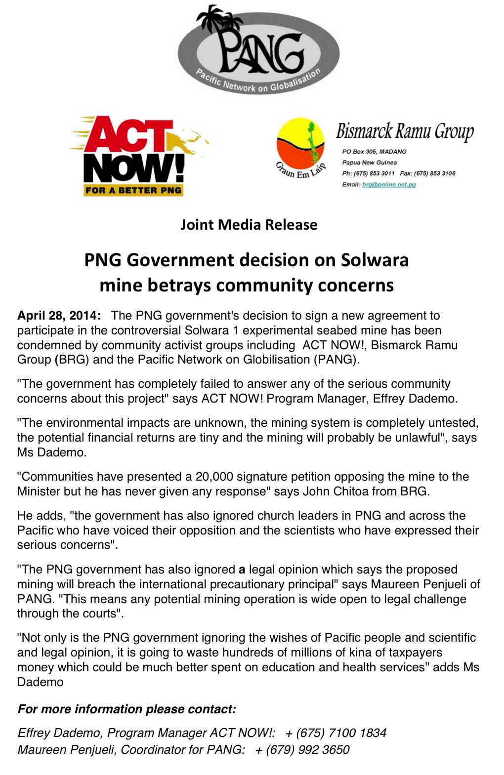 PNG government decision on Solwara mine betrays community concerns