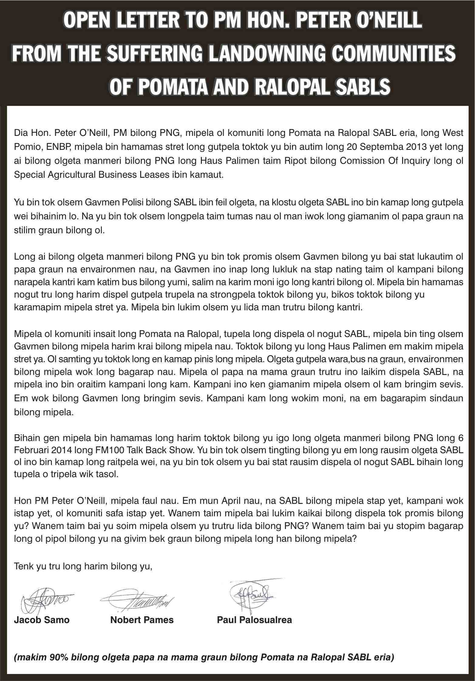 Pomio landowners open letter to the PM on their SABL suffering